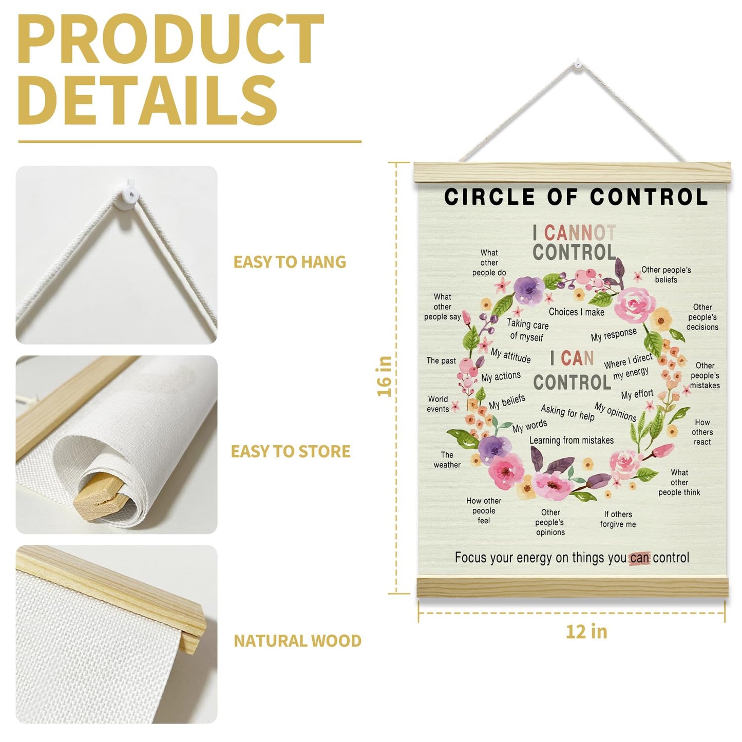 Mental Health Poster Hanger Frame, Circle Of Control Posters Canvas Wall Art for Therapy Counseling Office Classroom Decor, 12x16 Inches -018