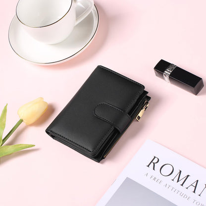 GAEKEAO Small Wallet Women Vegan Leather RFID Blocking Bifold Ladies Compact Card Holder with Zipper Pocket & ID Window