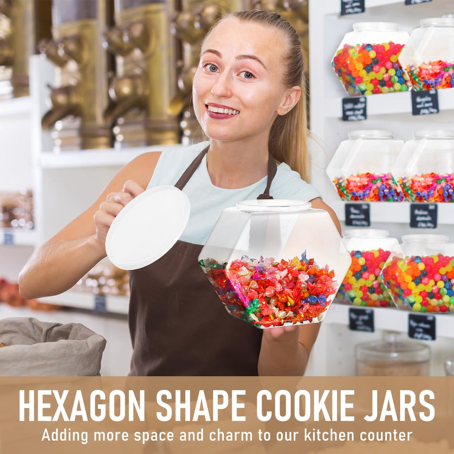 Uiifan 1 Piece Plastic Candy Jar with Lid Clear Fish Bowls Cookie Jar Hexagonal Containers for Snacks, Dog Food, Desk Pet, Craft and Sewing Supplies, Coffee Pod, Laundry Pod Storage Display(145 oz)