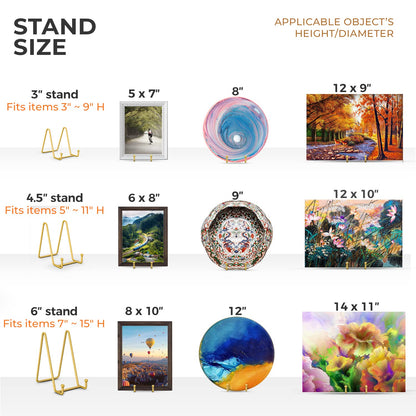 TR-LIFE Plate Display Stand - 3 Inch Holder + Metal Frame for Picture, Decorative Plate, Photo Easel, Tabletop Art (Gold 2 Pack)