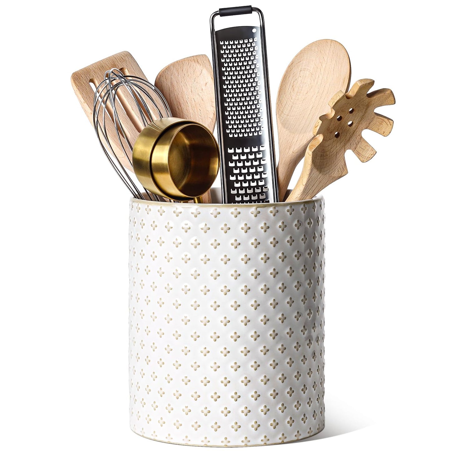 LE TAUCI Utensil Holder for Kitchen Counter - 7.1" Large Ceramic Utensil Crock, Cooking Utensil Organizer for Spatula, Spoon, Whisk - Farmhouse Kitchen Countertop Storage, Embossed, Clover
