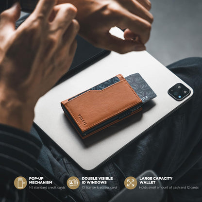 VULKIT Wallet for Men - Genuine Leather Pop Up Wallet RFID Blocking Credit Card Holder, Double ID Windows, Minimalist Design with Gift Box
