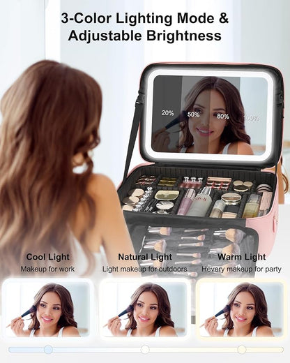 Relavel Large Makeup Case with LED Mirror, Train Cosmetic Case with Separate Brush Board, Professional Makeup Organizer Storage with Detachable Dividers for Makeup Artists, Hairstylist - Pink
