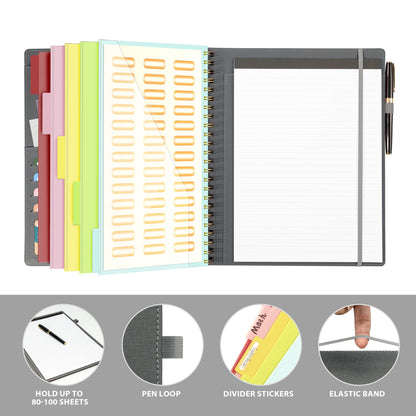 Ospelelf Clipboard with Storage for Men Women, Leather Padfolio Portfolio Organizer 5 Folders with 10 Pockets, Spiral Clipboard Folio with Notepad for Letter Size, Elastic Closure and Pen Loop Grey
