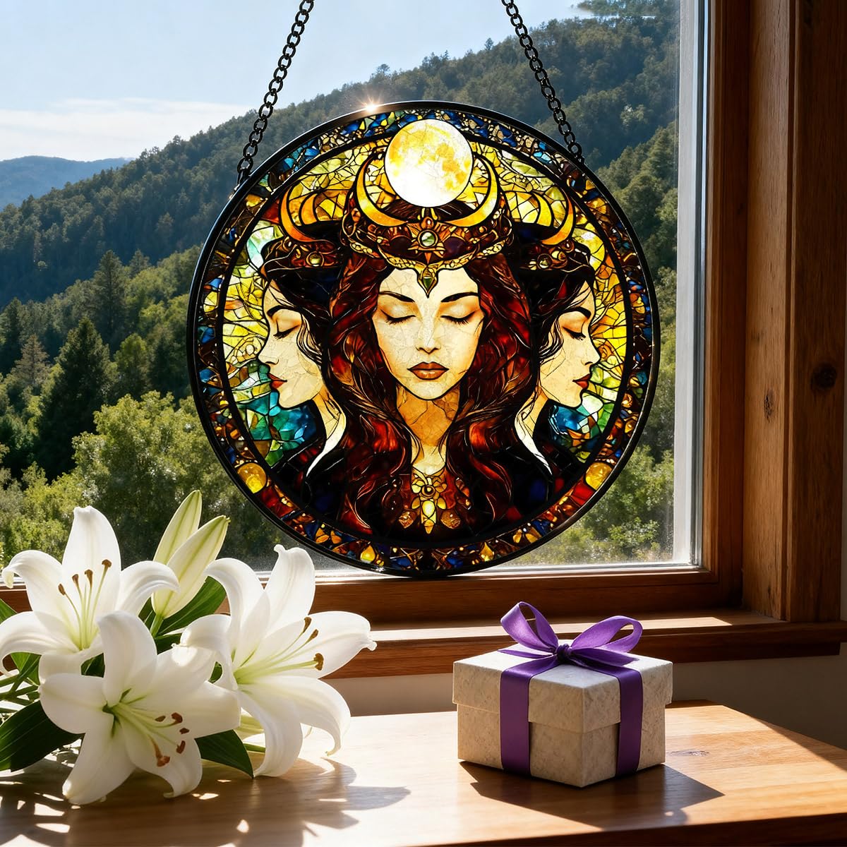 Greatingreat Stained Glass Window Hanging Hecate Triple Moon Goddess, Home Room Decor 7.8 Inch Sun Catchers Indoor Window, Whimsical Decor Pagan Wiccan for Women,Dark Feminine Energy