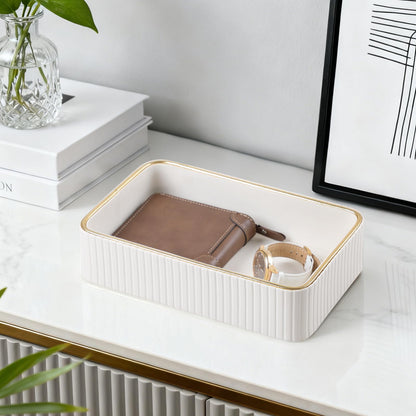 MEIBOOCH Desk Organizer Tray, PU Leather Nightstand Organizer Perfume Valet Tray for Men Women, Decorative Vanity Trays Trinket Dish Key Bowl for Entryway Table (Ivory, Small)