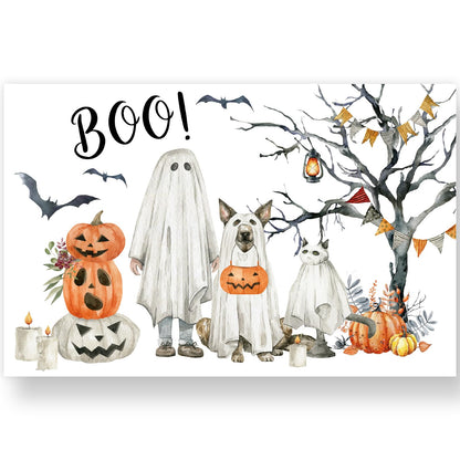 JarThenaAMCS 50Pcs Halloween Boo Paper Placemats Ghost Pet Pumpkin Dining Table Mats Disposable Place Mats for Home Kitchen Restaurant Party Decor, 11 x 17 Inch
