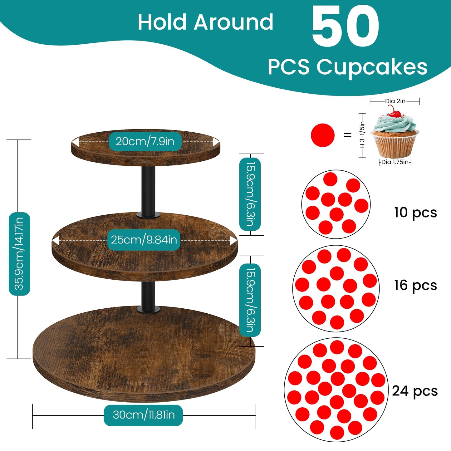 ELITEROO 3 Tier Cupcake Stand for 50 Cupcakes, Rotating Wooden Cake Stand, Rustic Dessert Display Tower with Tiered Trays, Round Cupcake Holder for Wedding Birthday Baby Shower Tea Party, 2 Pack