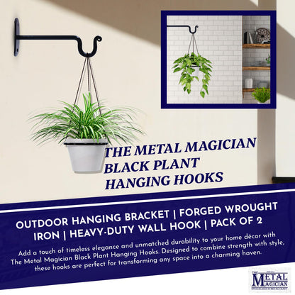 The Metal Magician 2Pc Plant Hangers Outdoor, Indoor, Wrought Iron Metal Hanger Indoor Hook, Heavy Duty Wall Bracket Hooks for Hanging Plants Baskets Lanterns Wind Chimes Black Extended U-Shape