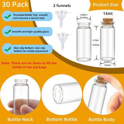 30Pcs 15ml Mini Glass Bottles with Cork Stoppers - Small Clear Vials for DIY Crafts, Wedding Favors, Halloween Decor, Wishing Spell Jars, Includes Funnel-(22 * 70 mm)