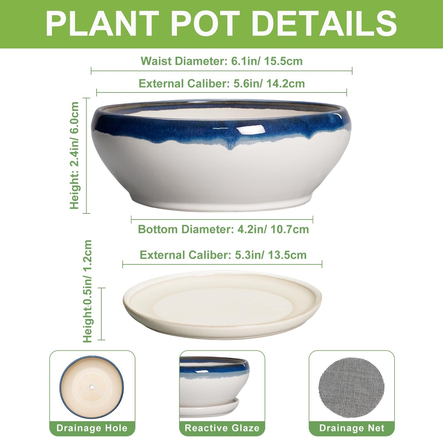 SQOWL Succulent Planters 6 Inch - Ceramic Bonsai Pots with Drainage Hole and Saucer, Round Shallow Planter for Indoor Plants, Ceramic Cactus Pot, Apartment Decor, Gifts for Women, Blue Off-White