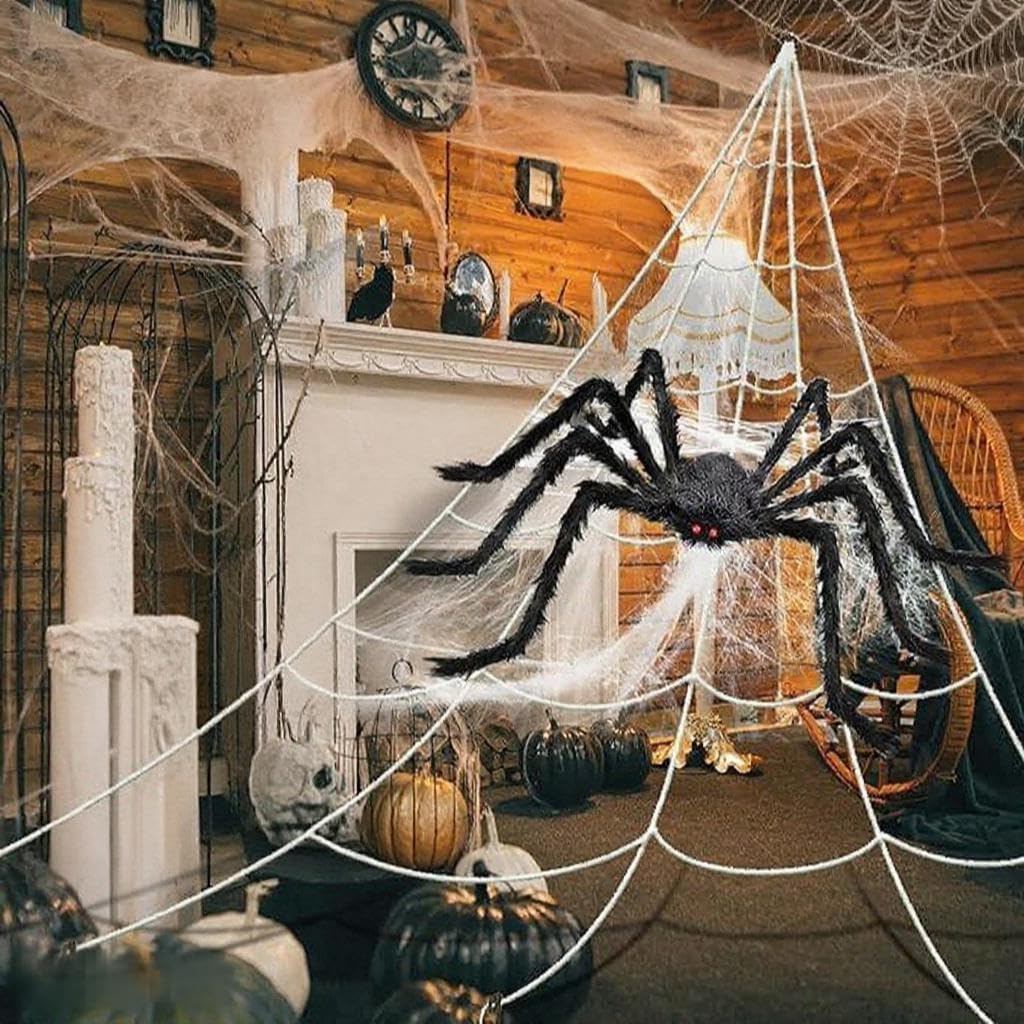 PUHPIG 200" Halloween Spider Web + 59" Giant Spider Decorations, Triangular Huge Spiders Web and Hairy Scary Fake Spider, for Indoor Outdoor Porch Yard, Scary Haunted House Party, and Halloween Décor