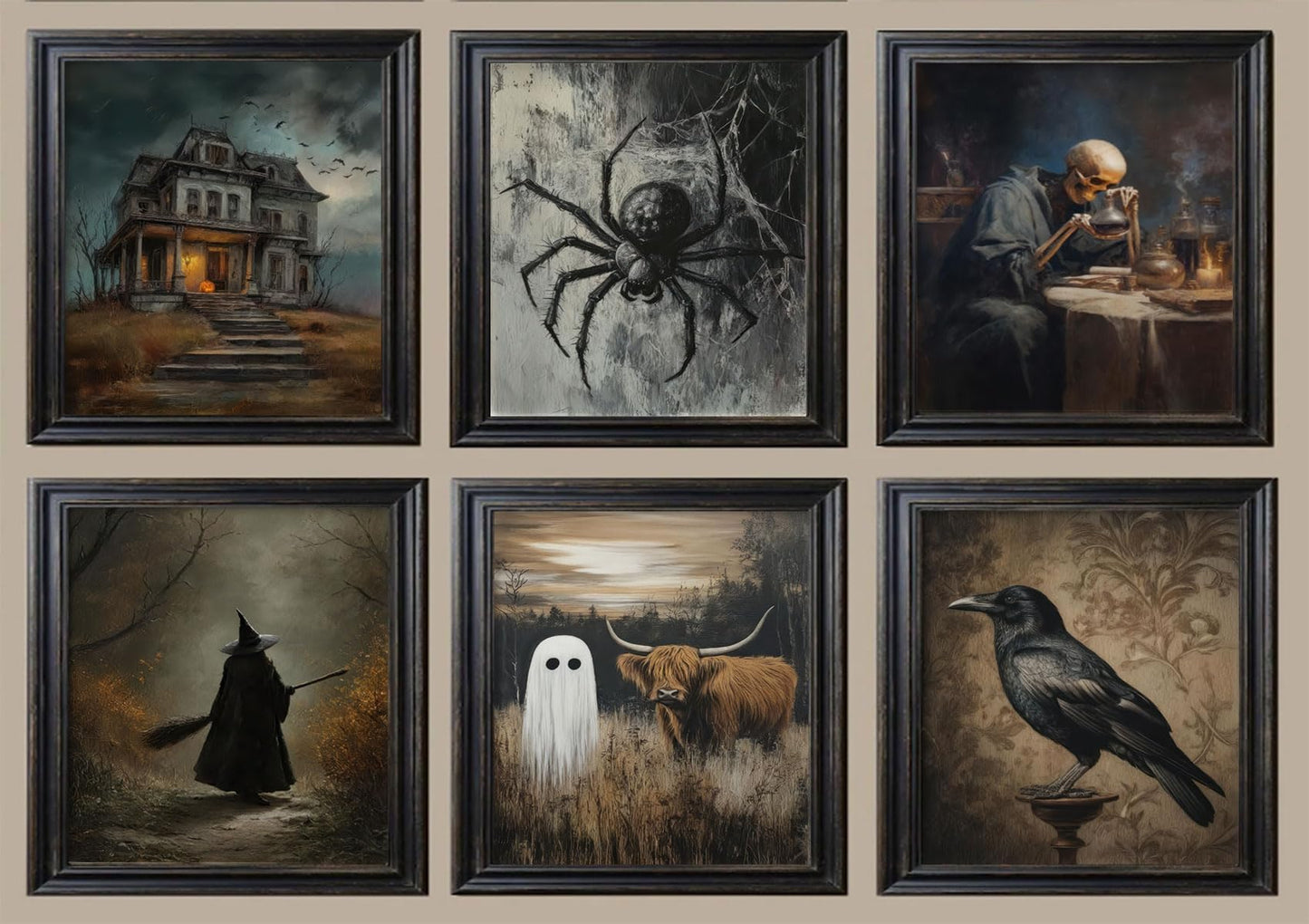 6Pcs Halloween Wall Art Creepy Dark Academia Wall Decor Pictures Ghost Wizard Skeletons Canvas Posters Prints for Gallery Living Room Bedroom Office Unframed