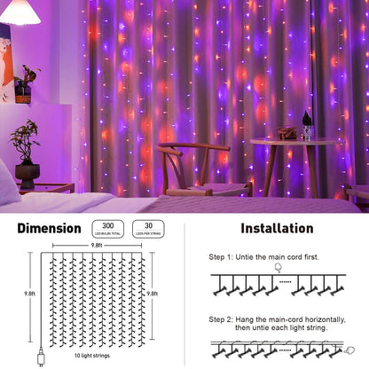 JMEXSUSS 300LED Orange and Purple Halloween Curtain Lights with Remote, 9.8x9.8ft Window Twinkle Hanging String Lights Plug in, Halloween Lights for Bedroom Wall Party Backdrop Indoor Outdoor Decor