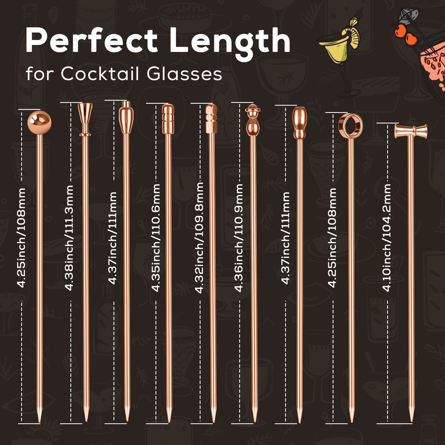 Metal Martini Cocktail Picks 9 Pcs, 4.1 in Olive Skewers Stainless Steel, Drinks Garnish Sticks, Reusable Appetizers Toothpicks, Home Bar Accessories Supplies Gift for Father Bartender - Rose Gold