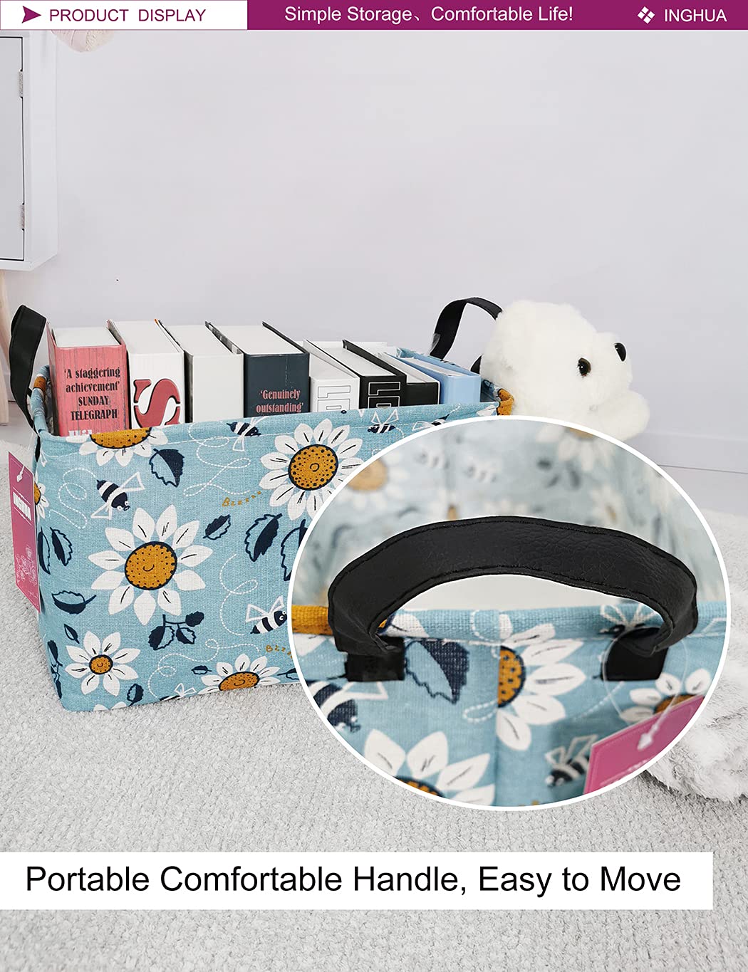 INGHUA Rectangular Storage Basket Fabric Organizer Bin for Toys,Books,Clothes,Gifts,Pets-Perfect for Home,Office,Nursery,Dorm,Shelf(Rec Sunflower)