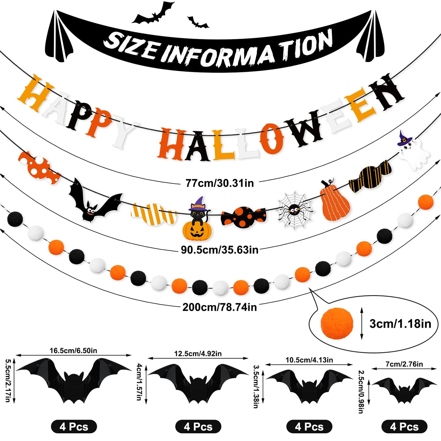 Hotop Halloween Banner Set: Pom Pom Garland, Candy Banner, Bat Decorations for Party Decor