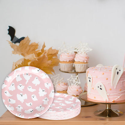 Whaline 40Pcs Halloween Paper Plates Pink Ghost Disposable Plates 9 Inch Cute Cartoon Ghost Decorative Round Plate for Halloween Summerween Party Birthday Baby Shower Table Decor