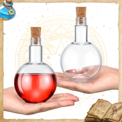Baderke Plastic Potion Bottles with Cork 8 oz Sand Art Ball Shape Bottles with Funnels Spherical Decorative Candy Jar for Cocktail Witch Costume Props Party DIY Crafts(10 Sets)