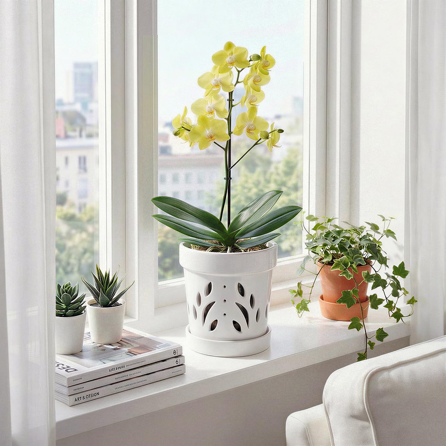 STHIE Orchid Pots, 5 + 6 Inch Ceramic Orchid Pots with Holes, Orchids Planter for Repotting, 2 Pack Promoting Air Circulation, White Flower Pots with Removable Trays