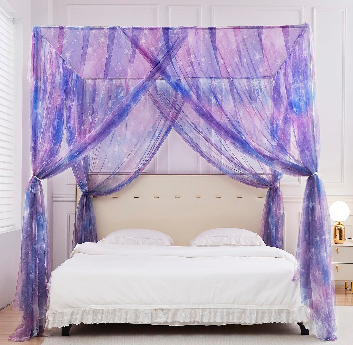 Mengersi Tie Dye Canopy Bed Curtains with Lights,Gradient Ombre Bed Canopy for Girls,Canopy for Bed Princess Bed Drapes for Girls Room Decor(Twin,Purple)