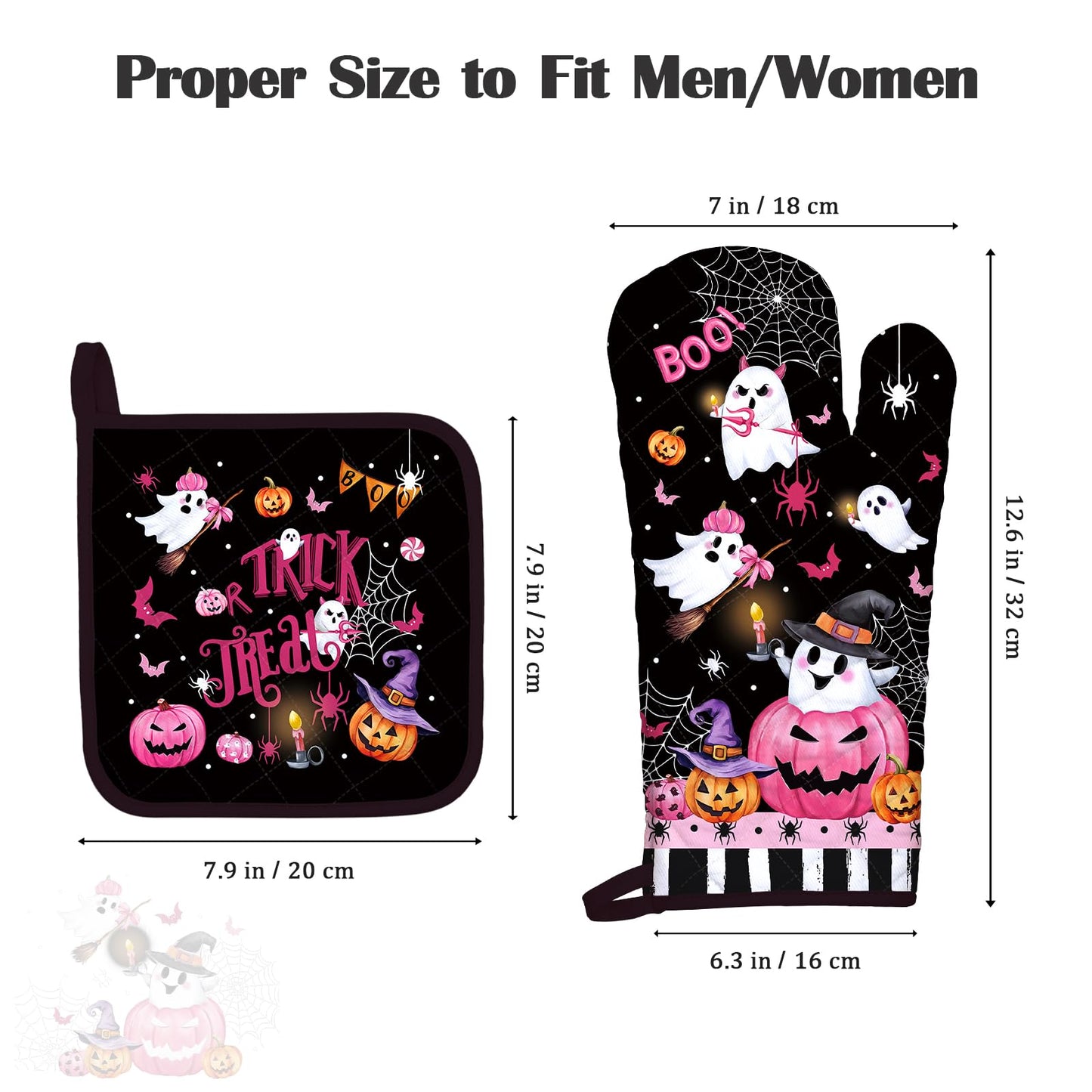 Arquiel Halloween Boo Pink Pumpkin Oven Mitts and Pot Holders Sets 4Pcs, 100% Cotton Heat Resistant, Extra Long Oven Gloves Potholder for Kitchen Cooking Baking Decoration