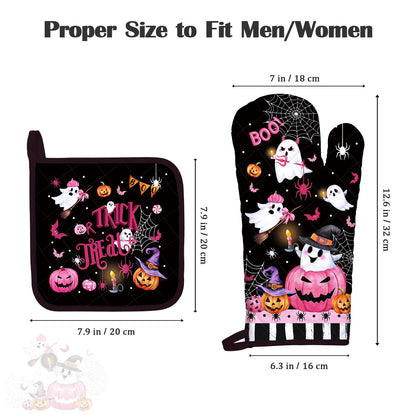 Arquiel Halloween Boo Pink Pumpkin Oven Mitts and Pot Holders Sets 4Pcs, 100% Cotton Heat Resistant, Extra Long Oven Gloves Potholder for Kitchen Cooking Baking Decoration