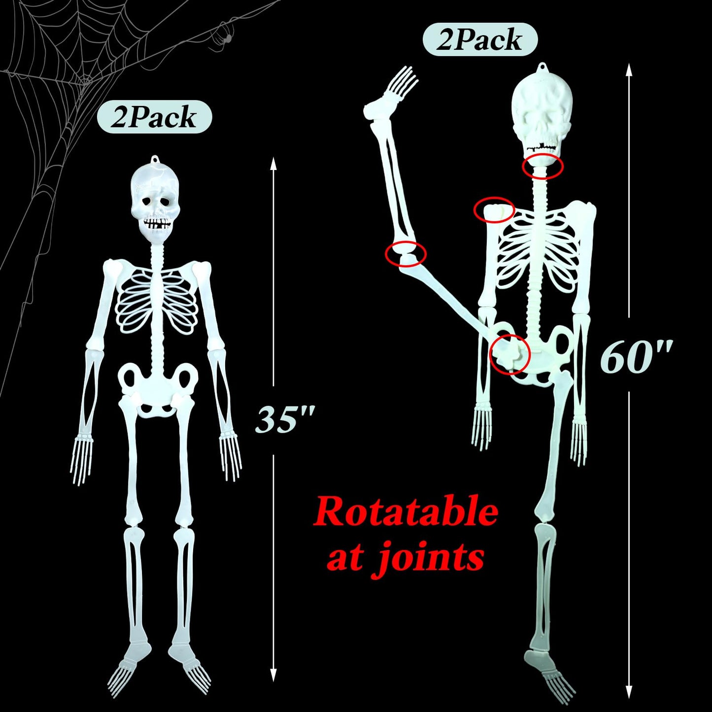 Colingmill 4 Pcs Halloween Glow in the Dark Skeleton 2 Pcs 60 Inch and 2 Pcs 35 Inch Full Body Luminous Skeleton Adjustable Joints Skeletons for Halloween Indoor Outdoor Yard Hanging Decoration