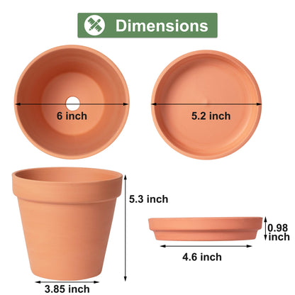 Orceler 6 inch Terracotta & Clay Pots for Plants with Saucer, Medium Terra Cotta Plant Pots with Drainage Hole, Flowerpot with Tray, Terracotta Pot for Indoor Outdoor Plant - Pack of 4 Planters