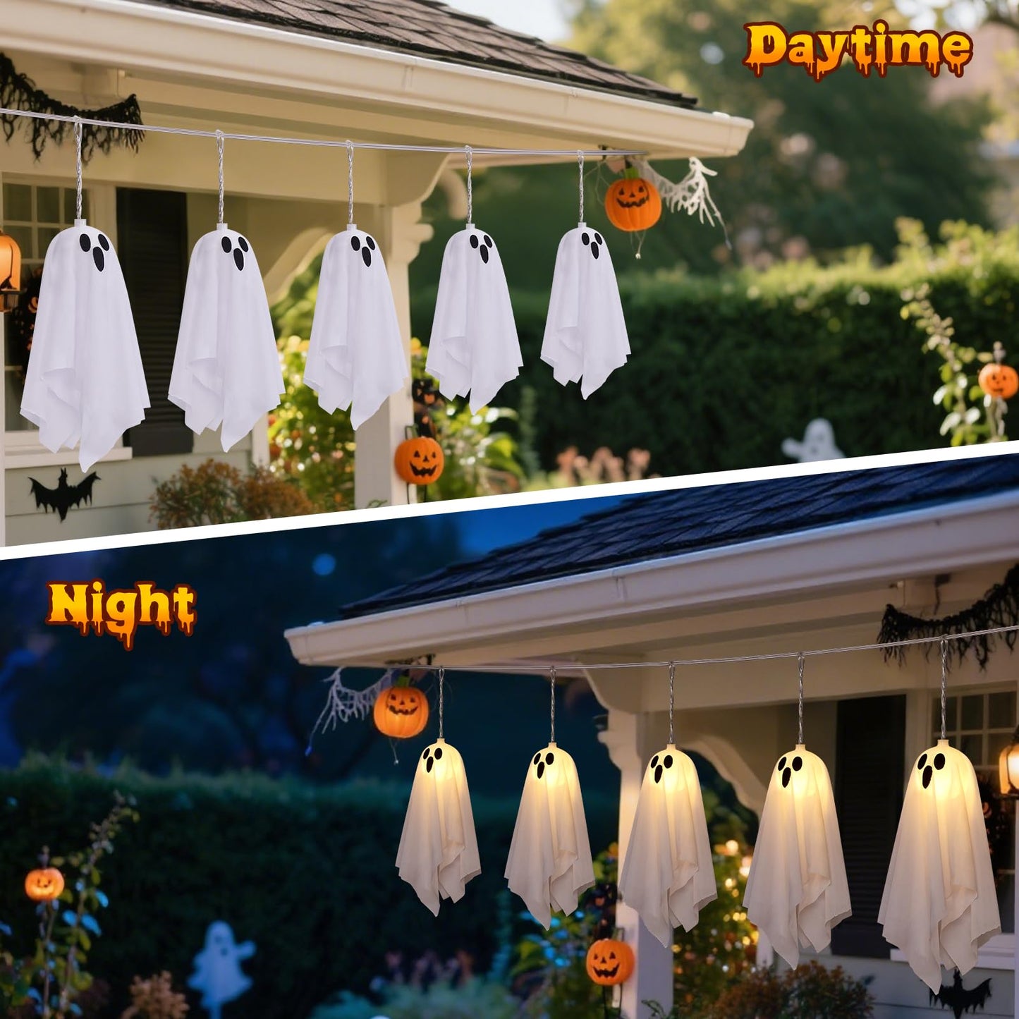 Halloween Ghost Decor, 10 Pcs Spooky Ghosts String Lights Battery Operated, 8 Lighting Mode, Light up Ghost Garland, for Mantle, Fireplace, Window, Porch, Party Indoor Outdoor Decor