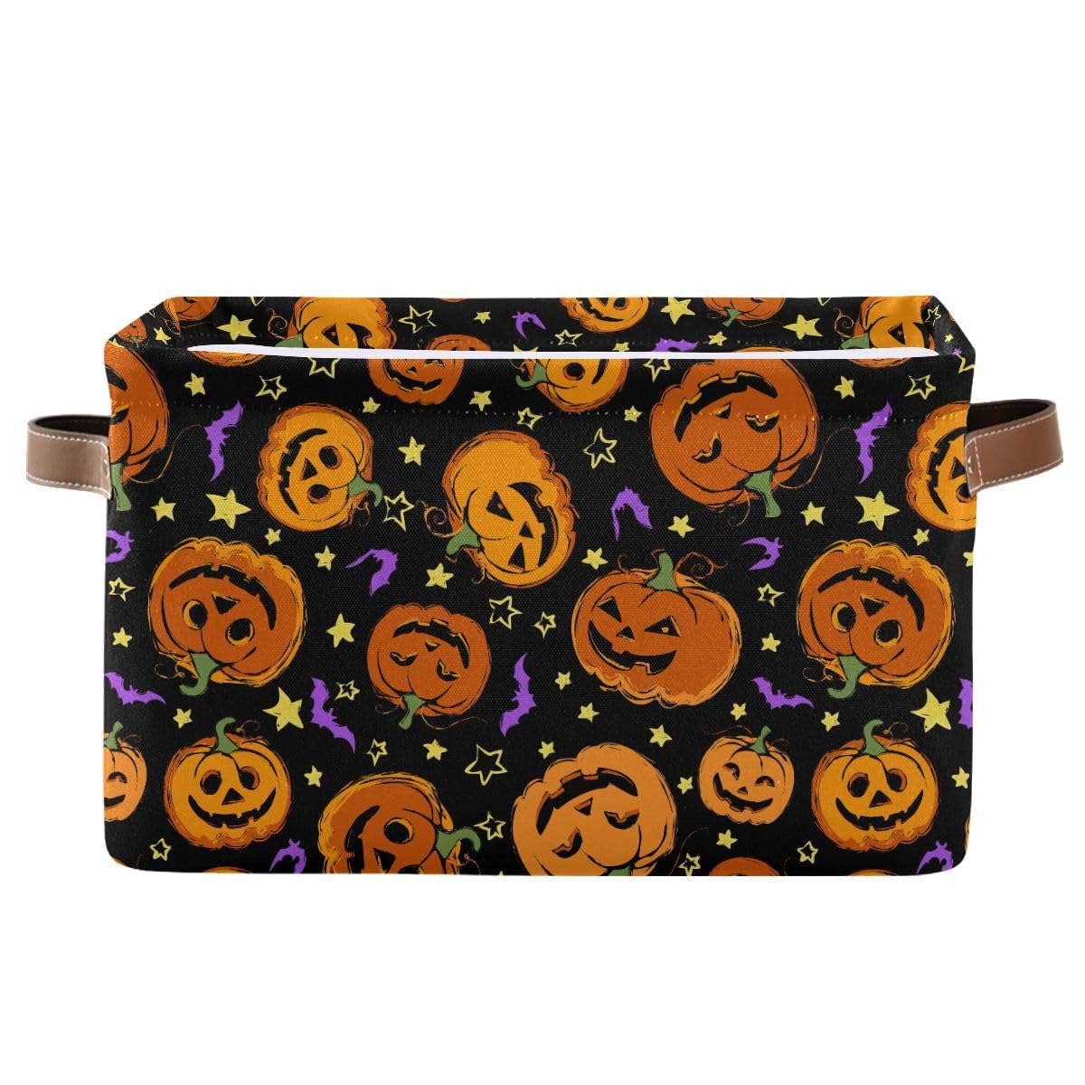 Halloween Pumpkin Spooky Storage Basket Fabric Kitchen Baskets Purple Bat Black Open Home Storage Bins Boxes Foldable Organizer Bag for Baby Cloth Pet Toy Book Shelf Closet Baskets 16×12×8 Inches