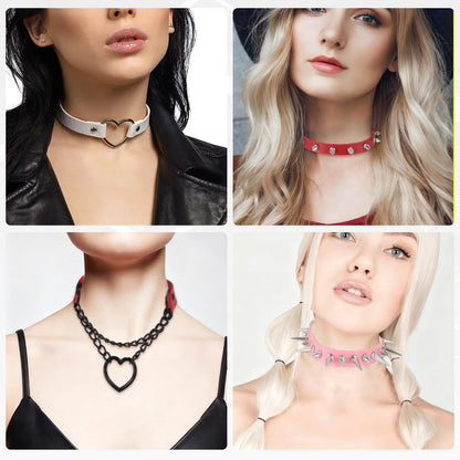 MECCANIXITY PU Leather Chokers, Love Heart Chokers Collar Necklace Gothic Punk Grunge Emo Necklace Gothic Jewelry Accessories Adjustable PU Collar for Women, Black/Silver Black, 2Pcs
