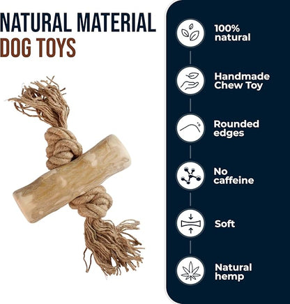 2 Pack Coffee Wood Tug for Dogs, Medium Toys Made of Real Coffee Wood and Hemp Rope - 100% Natural - Dogwood Chew Stick, Stress Relief, Training and Rewards
