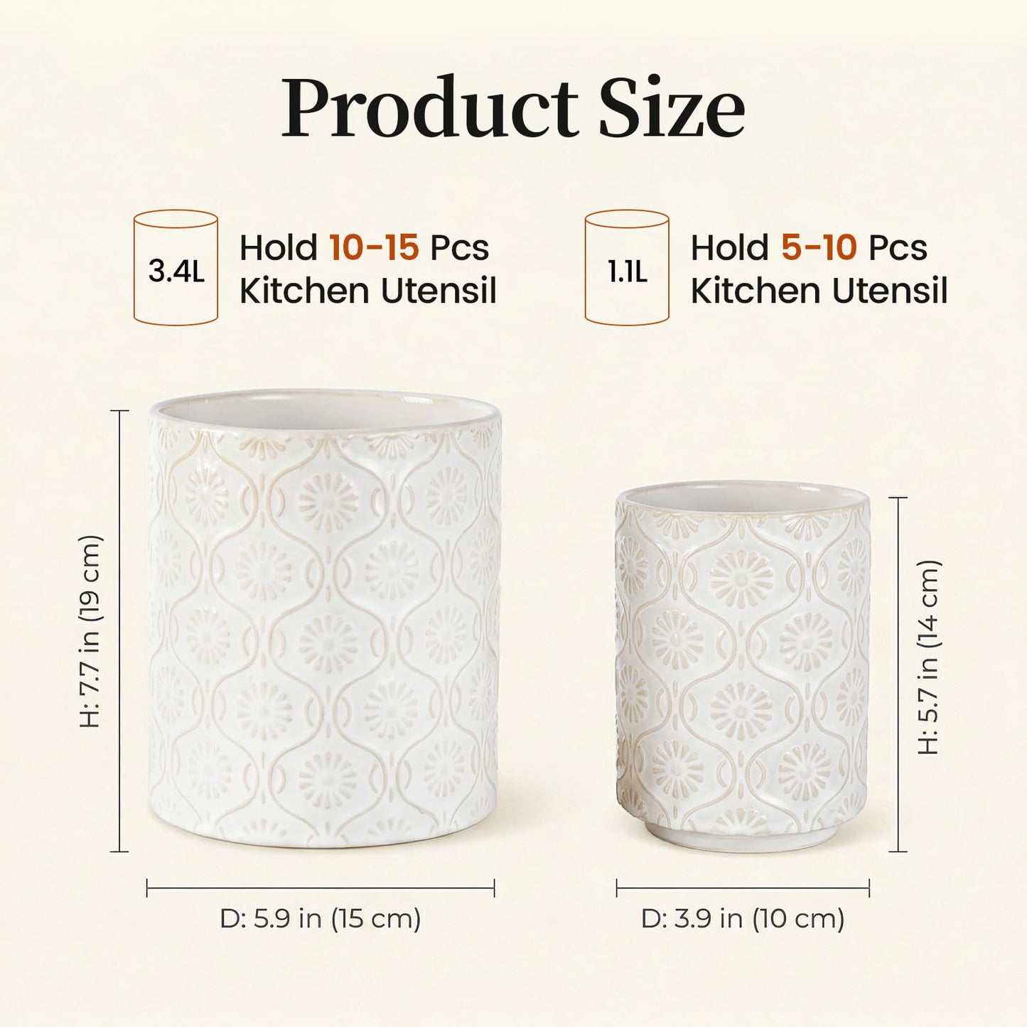 Newise Utensil Holder - Set of 2, Ceramic Kitchen Utensil Holder for Countertop, Large Utensil Crock with 360° Rotating Base, 7.7"+5.6" Embossed Cooking Storage and Decoration