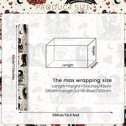 Joviwrap Gothic Anniversary Wrapping Paper Roll, Skull Couple Romantic Wrapping Paper, Black Red Skeleton Rose Present Packaging for Goth Weirdo Lovers Birthday Wedding Halloween, 17 In x 16.4 Ft