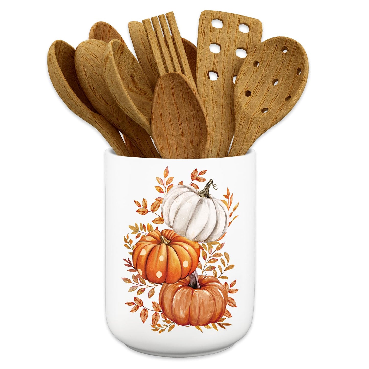 JarThenaAMCS Fall Ceramic Utensil Holder Watercolor Pumpkin Leaves Utensil Crock for Autumn Harvest Thanksgiving Home Kitchen Countertop Storage Organizer Container