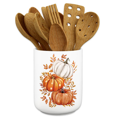 JarThenaAMCS Fall Ceramic Utensil Holder Watercolor Pumpkin Leaves Utensil Crock for Autumn Harvest Thanksgiving Home Kitchen Countertop Storage Organizer Container