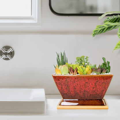 ARTKETTY Succulent Pots - 7 Inch Large Plant Pot with Drainage Tray, Shallow Ceramic Pots for Indoor Plants, Modern Cactus Bonsai Plant Container Decorative Home Office