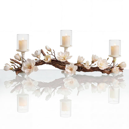 Magnolia Vine Driftwood Farmhouse Table Centerpiece - 3pc Candle Holder Set - Floral Table Decor for Dining Room, Living Room, Mantle & Weddings (Ivory)