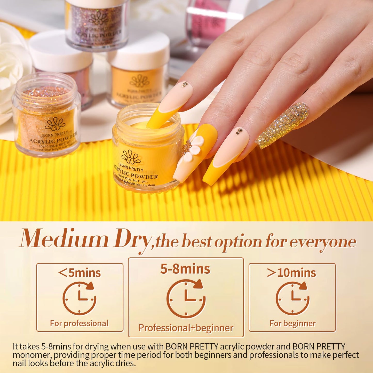 BORN PRETTY Acrylic Nail Kit - Acrylic Powder (Clear, White, Pink) & Liquid Set with Nail Forms, Brush Pen, File & Glass Container - Beginner Friendly
