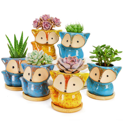 Dicunoy 6 Pack Mini Animal Succulent Planters with Bamboo Tray, 4" Ceramic Fox Flower Pots with Drainage Hole, Cute Cactus Planter for Indoor Plants, Home, Office, Window Decoration