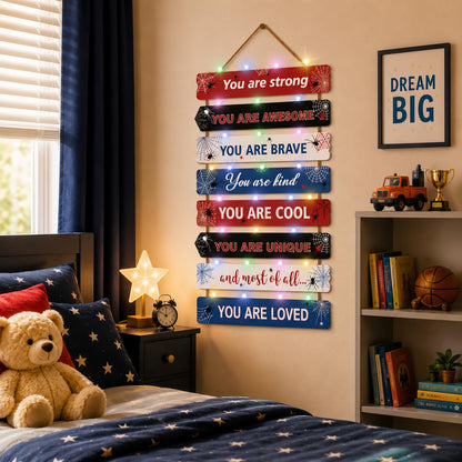 Cool Spiderman Room Decor Set of 8 with Led Light for Teen boys Kids Toddler, Inspirational Spider Man Wood Nursery Wall Decor for Bedroom, Motivational Spidey and His Amazing Friends Marvel Decor
