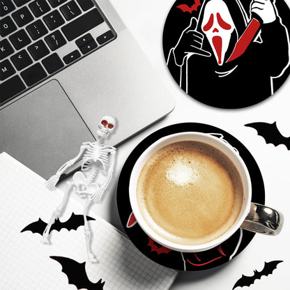 Pycat Halloween Horror Movie Characters Drink Coasters with Holder Set of 6, Bloody Black Absorbent Ceramic Cup Mat for Coffee Table Protection, 4 Inches Scary Home Kitchen Decor Housewarming Gifts