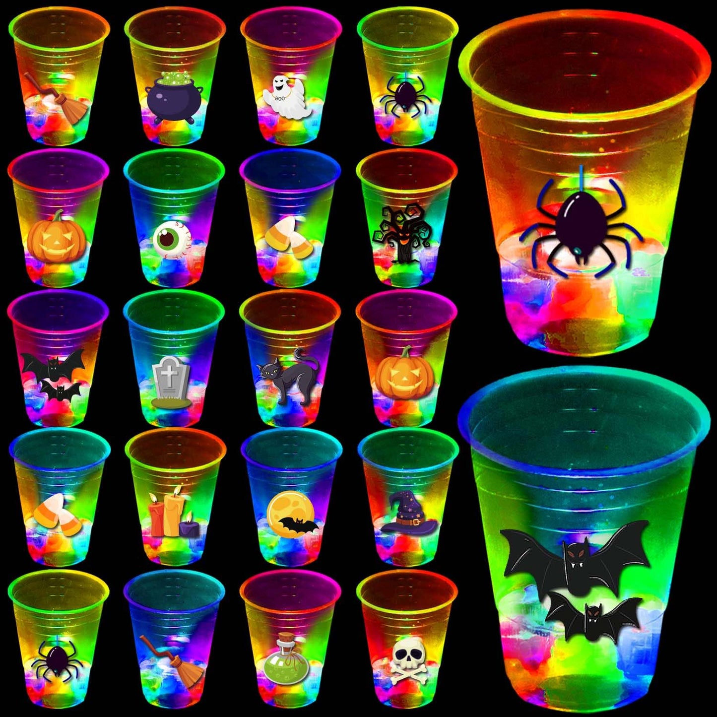 mishunyus 40 Pcs Glow in The Dark Halloween Party Cups - Pumpkin Bat Ghost Theme, Plastic Drinkware for Adults Party Supplies