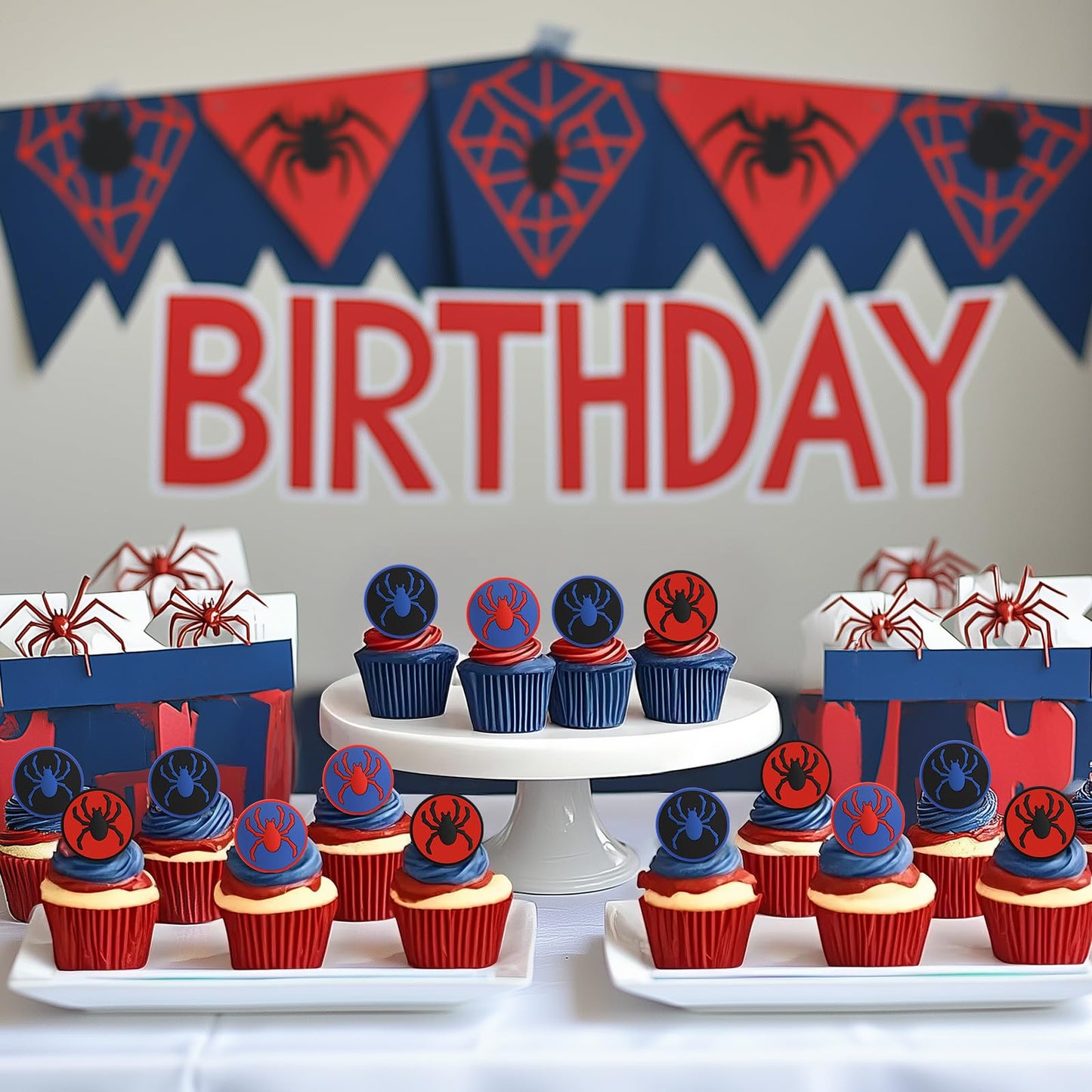 RoundFunny 48 Pcs Spider Cupcake Toppers Cake Decorations Spider Birthday Party Decoration Cupcake Dessert Rings Toppers for summer Party Gifts Classroom Prizes(Red/blue/black)
