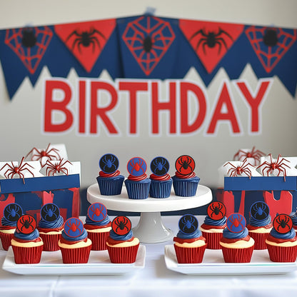 RoundFunny 48 Pcs Spider Cupcake Toppers Cake Decorations Spider Birthday Party Decoration Cupcake Dessert Rings Toppers for summer Party Gifts Classroom Prizes(Red/blue/black)