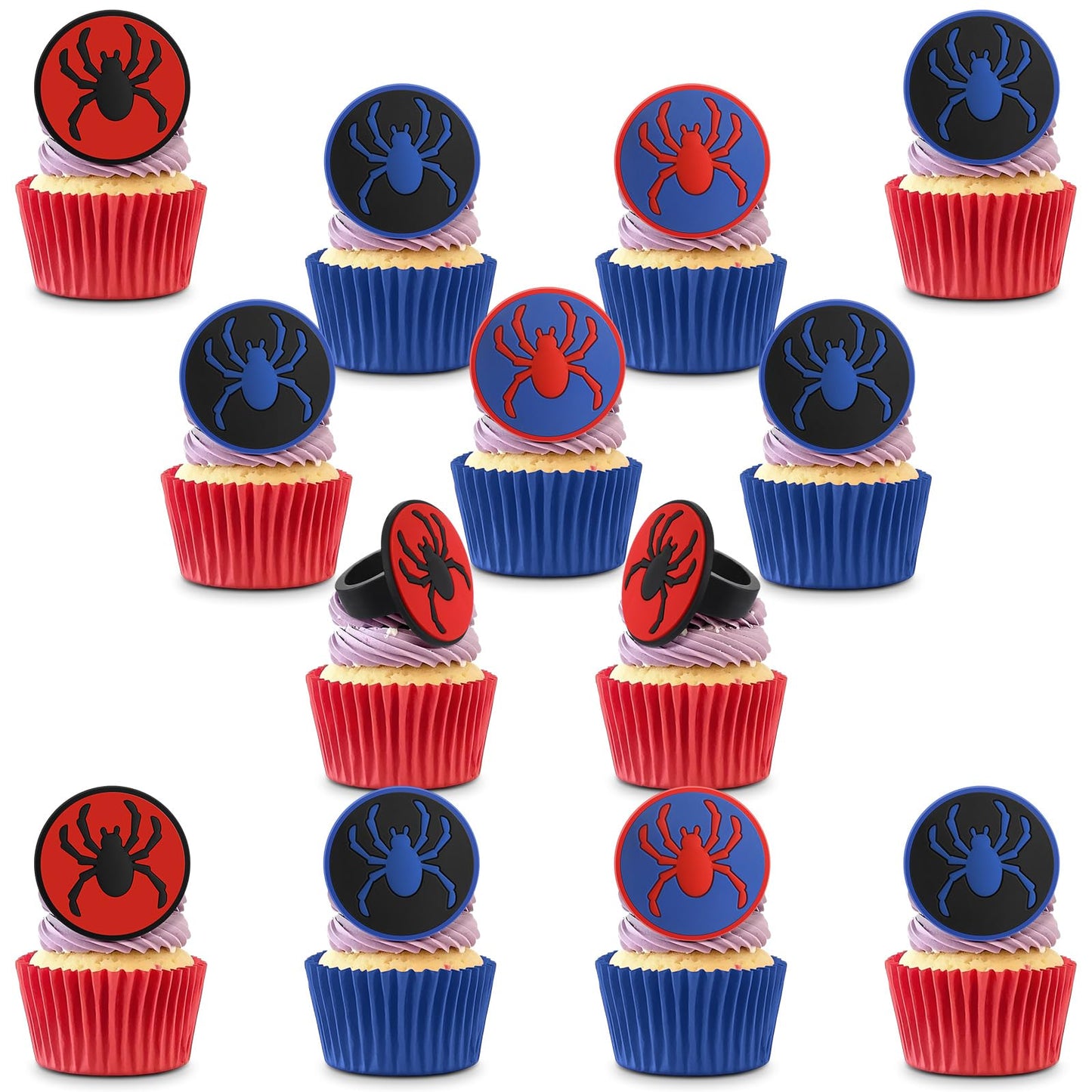 RoundFunny 48 Pcs Spider Cupcake Toppers Cake Decorations Spider Birthday Party Decoration Cupcake Dessert Rings Toppers for summer Party Gifts Classroom Prizes(Red/blue/black)