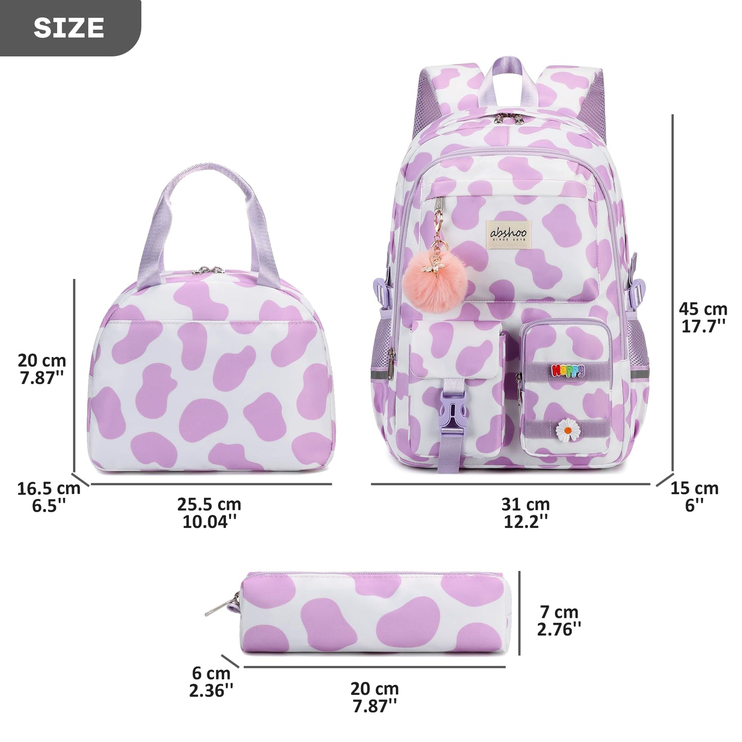 abshoo School Backpack for Girls Bookbag with Lunch Bag Teen Girls School Bag Travel Daypack (Cow Print Purple)