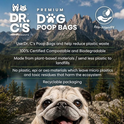 100% Certified Compostable Dog Poop Bags - Dr. C's Premium Dog Poop Bags - 270 Bags / 18 Rolls, Extra thick, Leak Proof, Unscented, Plant Based and Earth Friendly