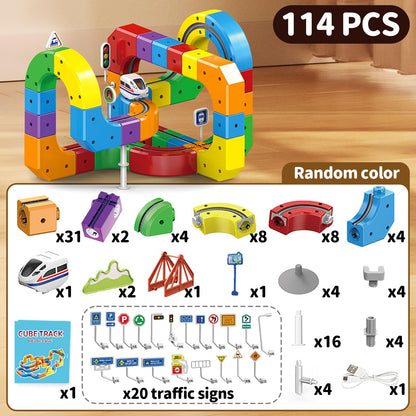 Electric Train Set for Kids 114 PCS, 3D Gravity-Defying Flexible Track with Motorized Train & Accessories, DIY STEM Building Toy with Traffic Signs, Gift for Boys Girls Ages 3-8